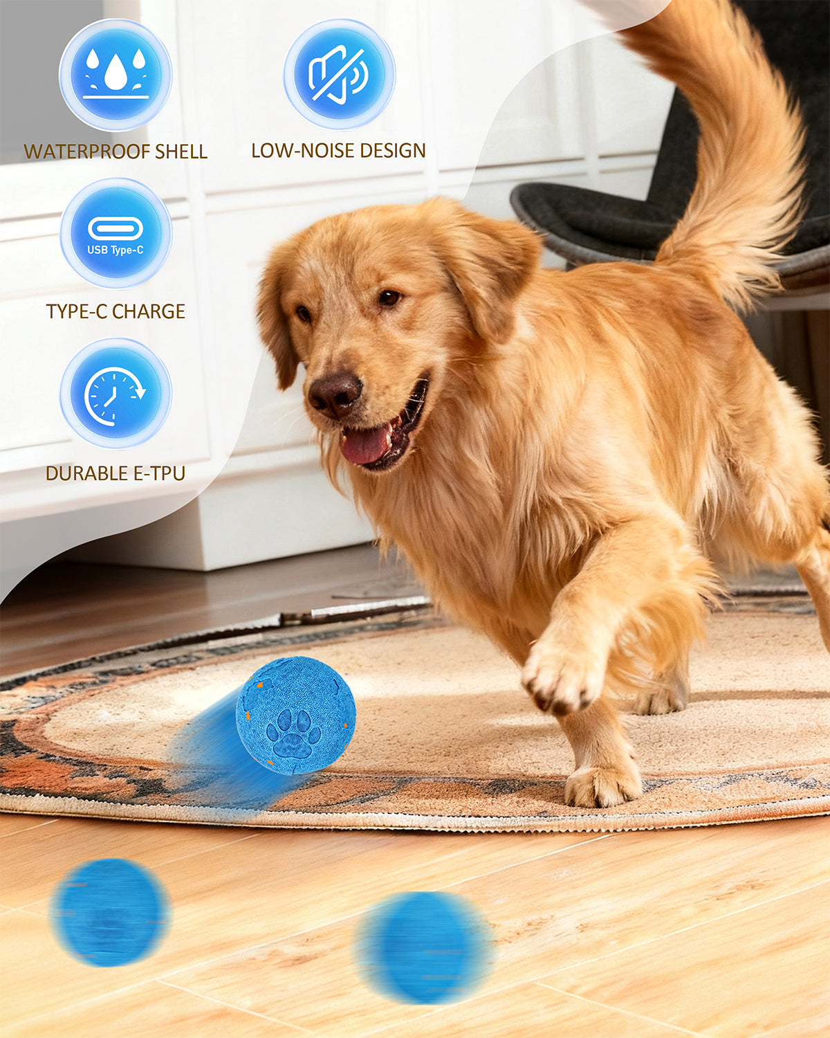 Smart Interactive Rolling Dog Ball with Auto Movement, 2 Play Modes & Smart Sensor - Durable E-TPU, IP54 Waterproof Pet Toy for Medium and Large Dogs, Low-Noise Design(Blue)