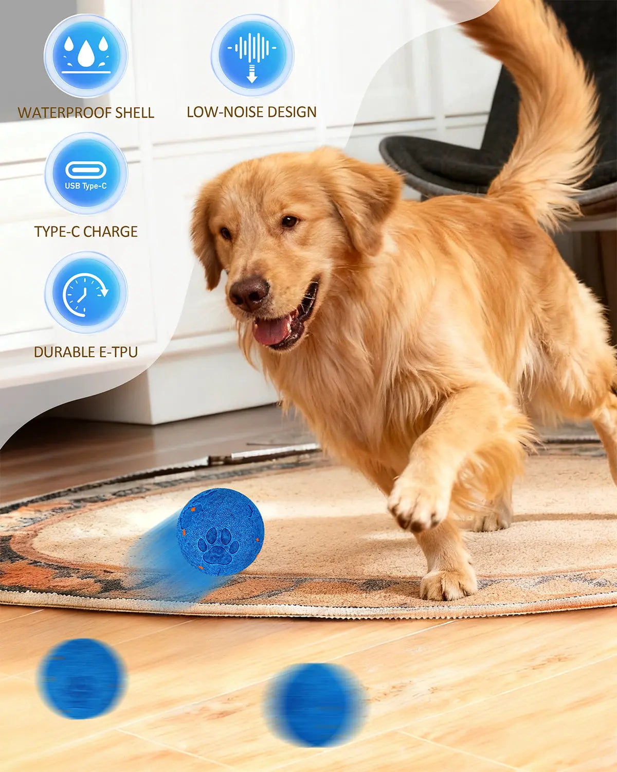 Smart Interactive Rolling Dog Ball with Auto Movement, 2 Play Modes & Smart Sensor - Durable E-TPU, IP54 Waterproof Pet Toy for Medium and Large Dogs, Low-Noise Design(Blue) bryxkla